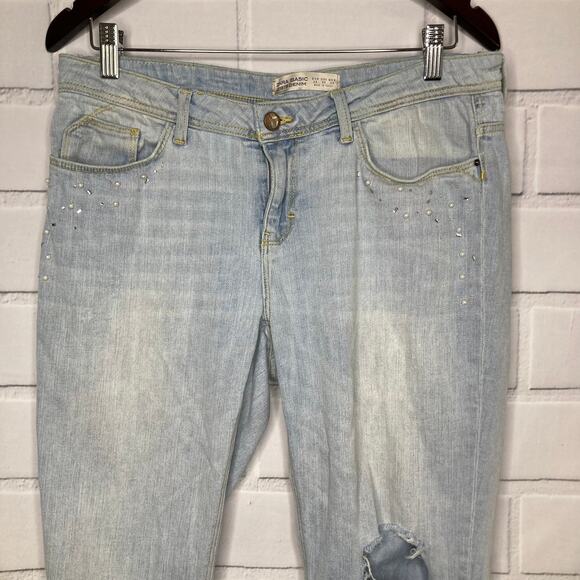 Zara Basic Z1975 Light Wash Pearl Embellished Cropped Ripped Jeans 6/28 - Picture 5 of 12